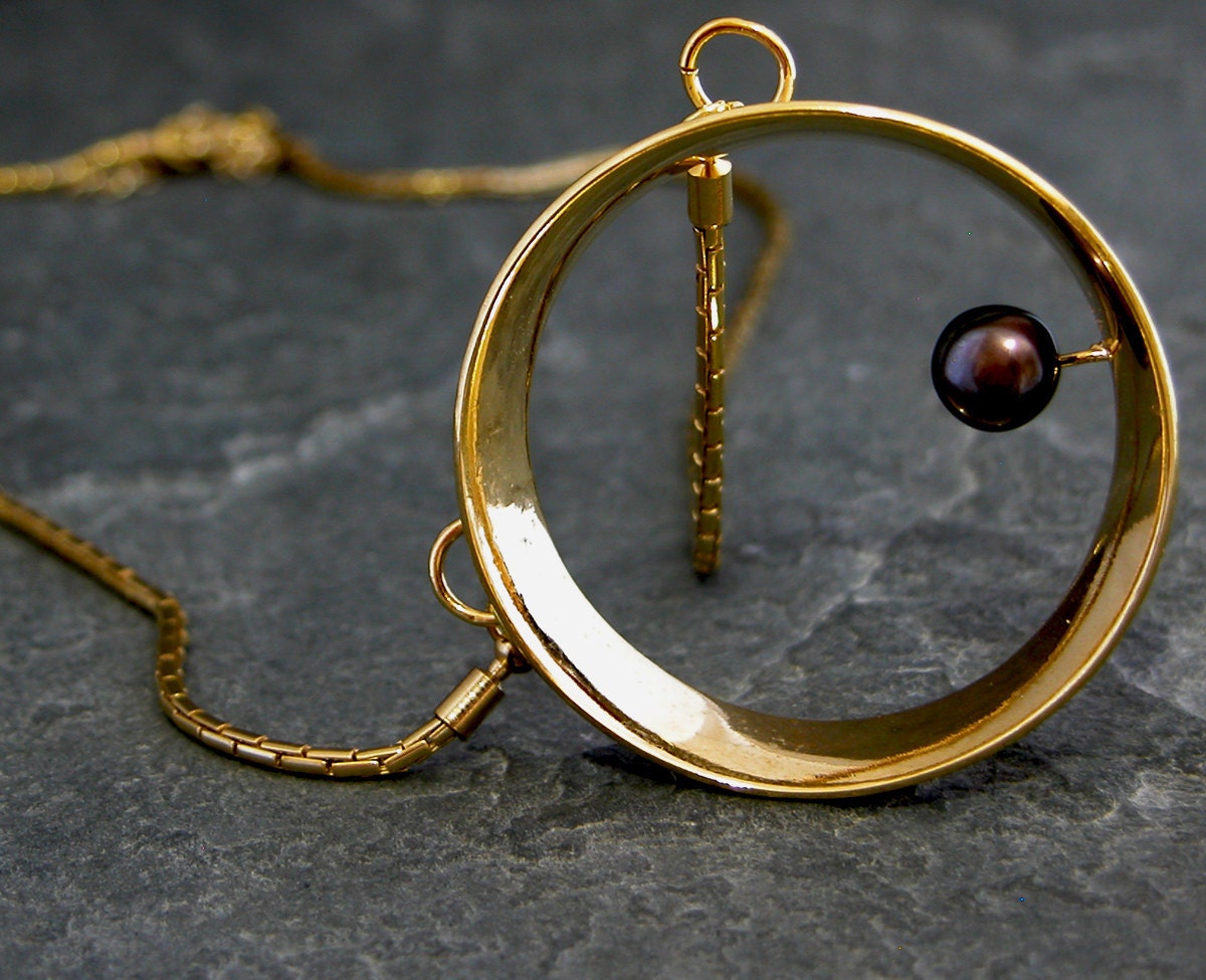 Gold Statement Necklace ,Big Pearl Statement Pendant, Gold Hollow Round Pendant with Black Pearl