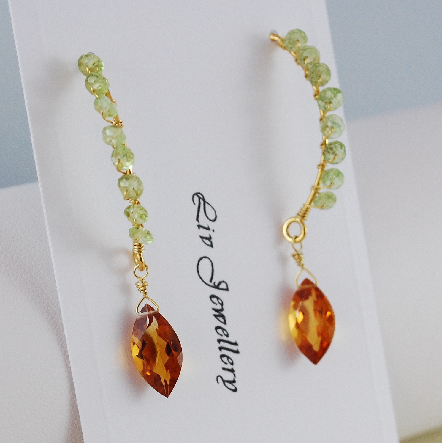 Peridot Earrings Lime Green Semiprecious Gemstone Marquise Burnt Orange AAA Citrine Wire Wrapped Jewelry Complimentary Shipping