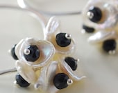 Sterling Silver Earrings White Keishi Keshi Pearls Freshwater Pearl Black Spinel Gemstone Semiprecious Floral Blossom Complimentary Shipping - livjewellery