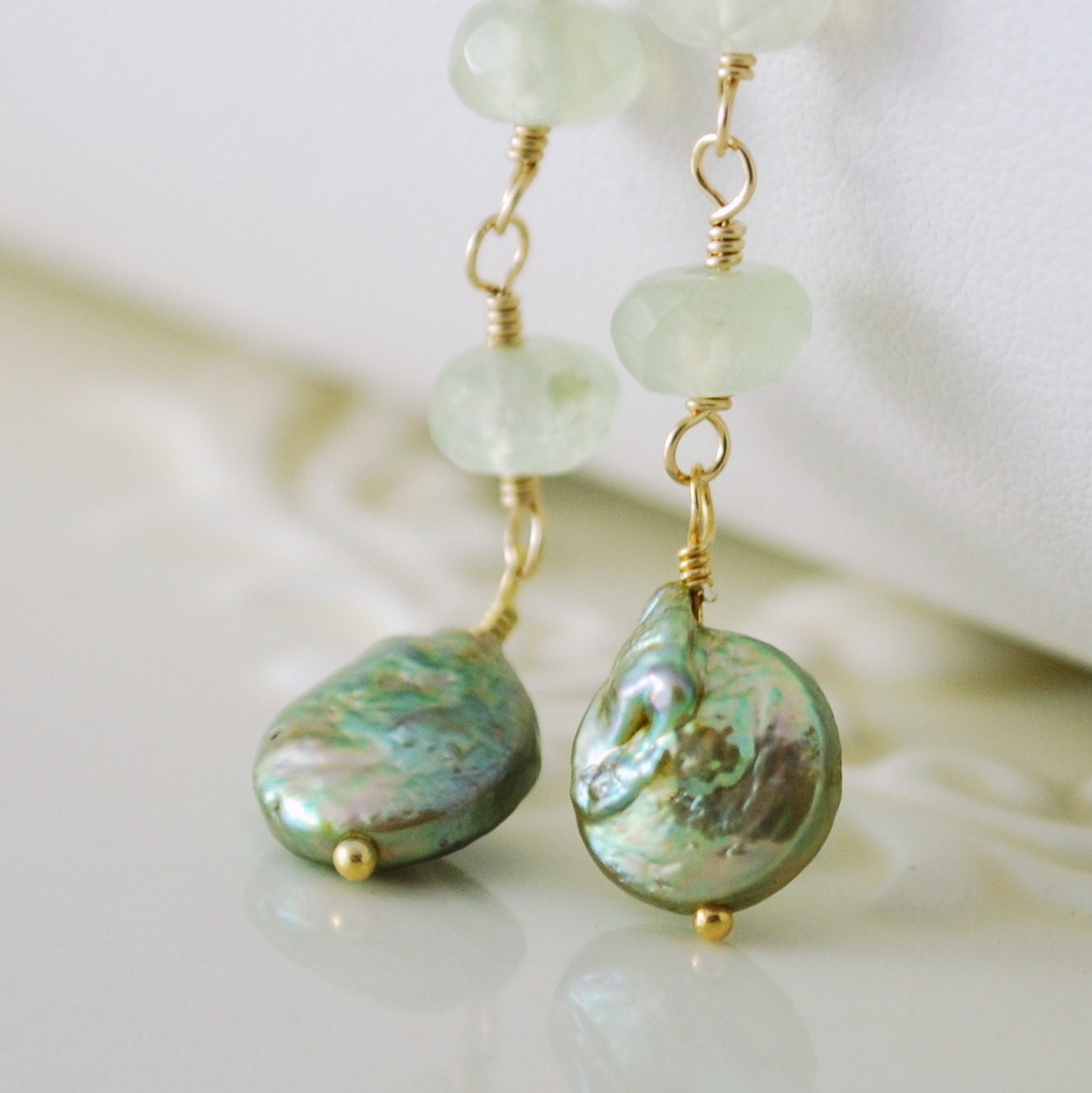 Prehnite Earrings Spring Green Genuine Freshwater Coin Pearls Semiprecious Gemstone Wire Wrapped Gold Jewelry Complimentary Shipping