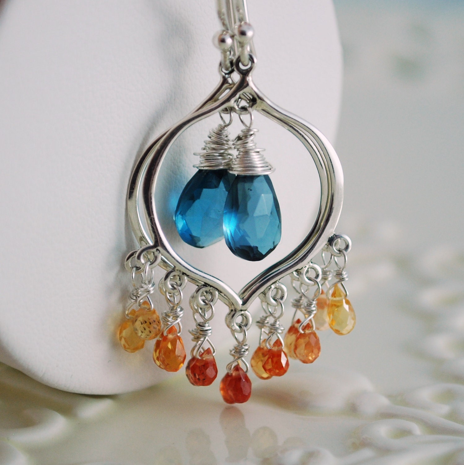 Gemstone Earrings Chandelier London Blue Topaz Tangerine Sapphire Genuine Sterling Jewelry Complimentary Shipping