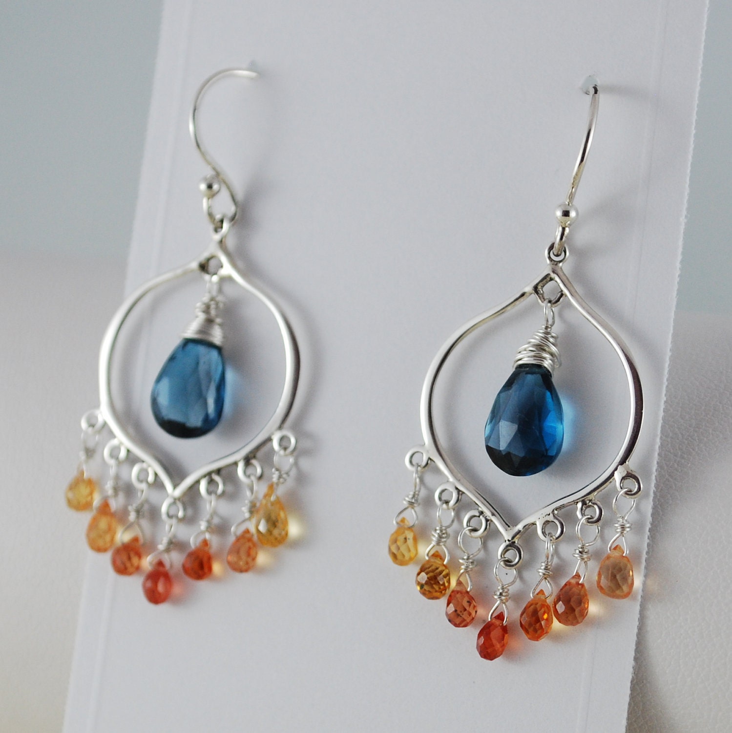 Gemstone Earrings Chandelier London Blue Topaz Tangerine Sapphire Genuine Sterling Jewelry Complimentary Shipping