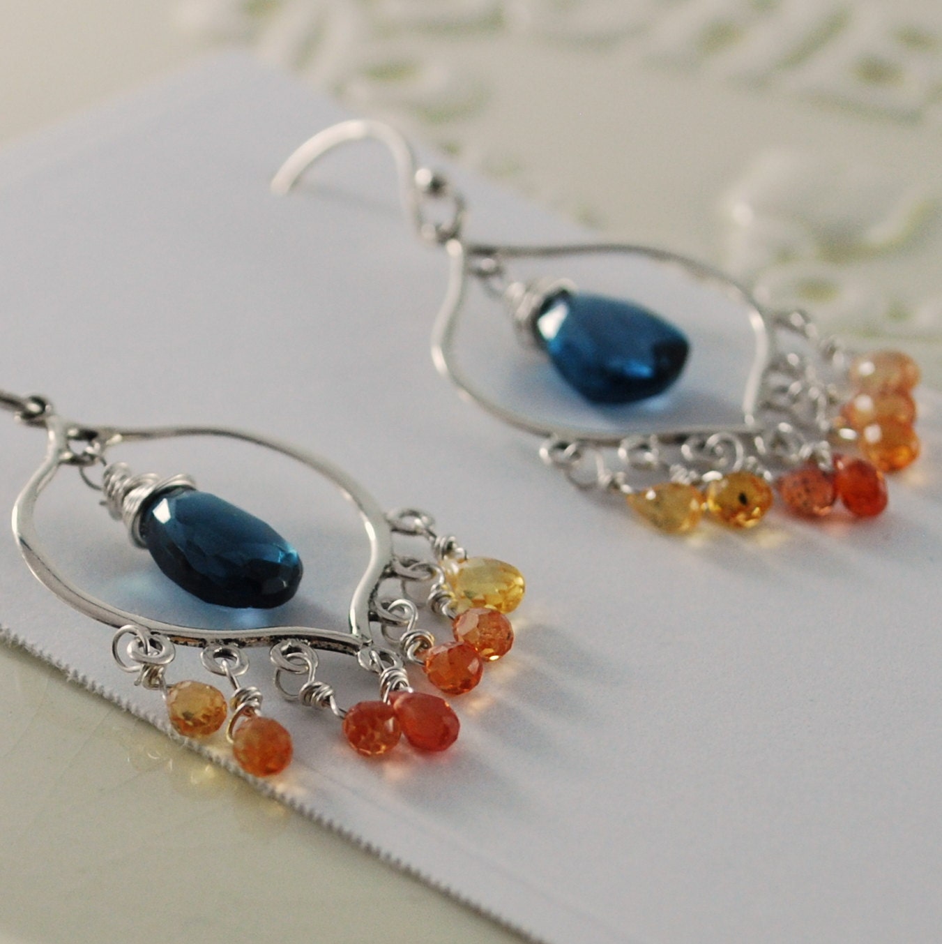 Gemstone Earrings Chandelier London Blue Topaz Tangerine Sapphire Genuine Sterling Jewelry Complimentary Shipping
