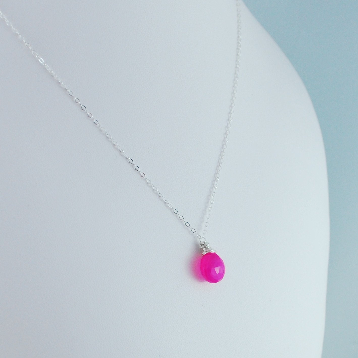 Neon Hot Pink Chalcedony Necklace Wire Wrapped Fuchsia Gemstone Sterling Silver Jewelry Complimentary Shipping