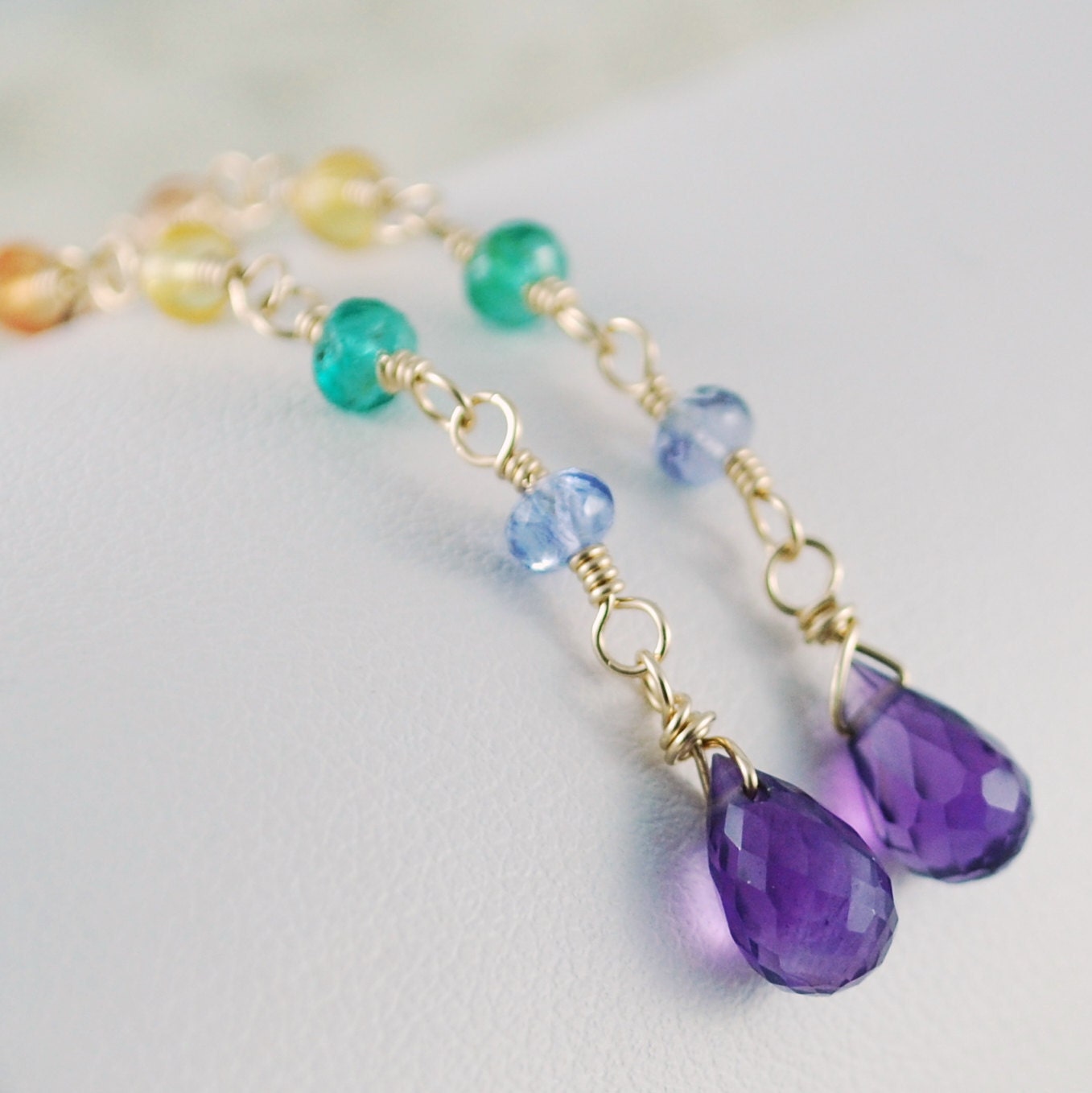 Long Rainbow Earrings Colorful Semiprecious Gemstones Dangle Wire Wrapped Gold Jewelry Complimentary Shipping