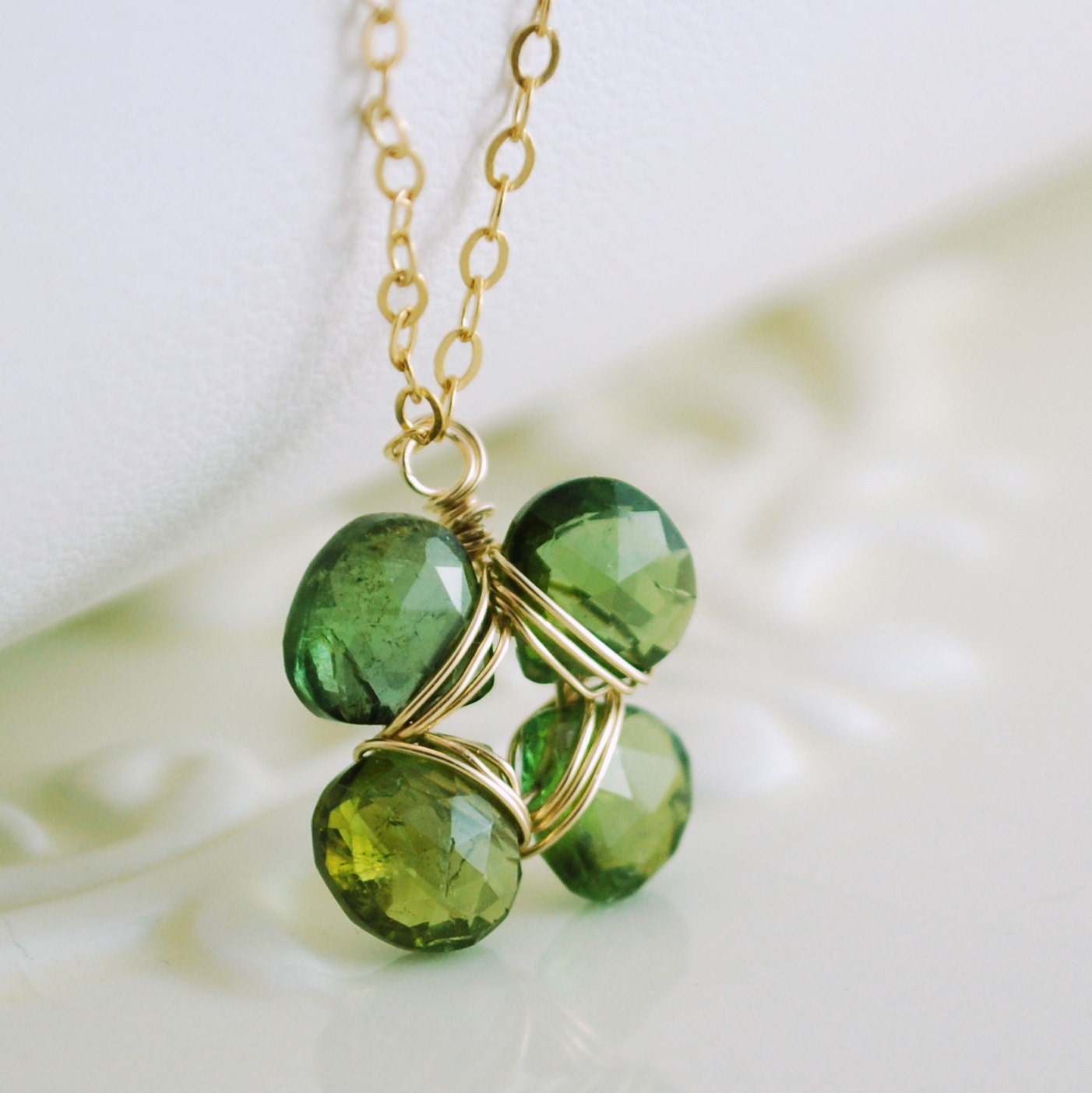 Reserved - Clover Necklace Green Tourmaline Genuine Gemstone Gold St. Patrick's Day Jewelry Emerald Green Free Shipping