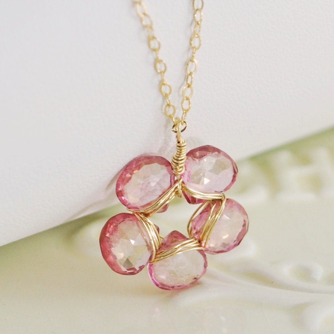 Topaz Necklace on Pink Topaz Necklace Semiprecious Gemstone Rose Wire Wrapped Flower