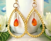Orange Candy Drop Gold Tear Drop Hoop Earrings