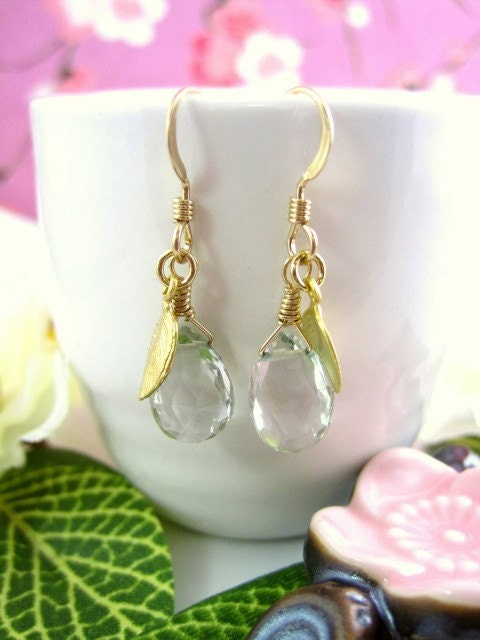 Green amethyst drop gold earrings, Green pear whimsical earrings, sage green gold filled earrings