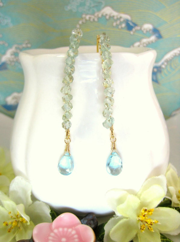 Aquamarine sky blue topaz gold hook earrings