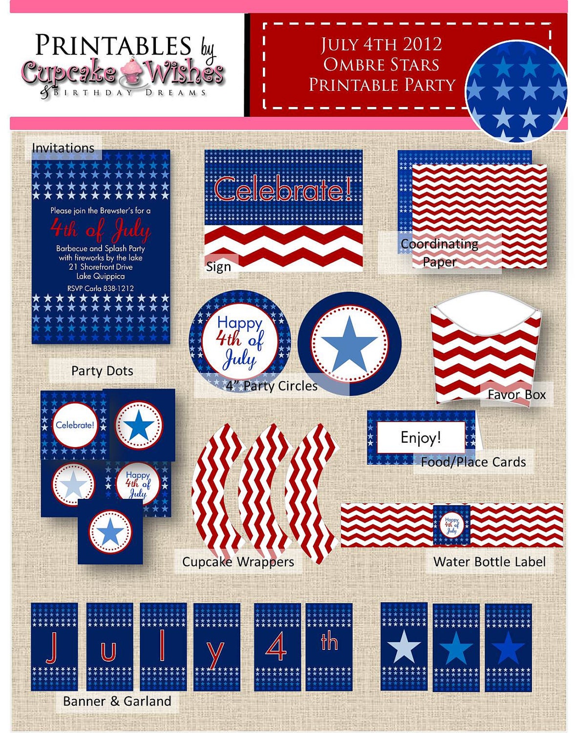 July 4th Ombre Stars & Chevron - Independence Day - Patriotic - Inauguration - Election Day - printable party kit Il_570xn