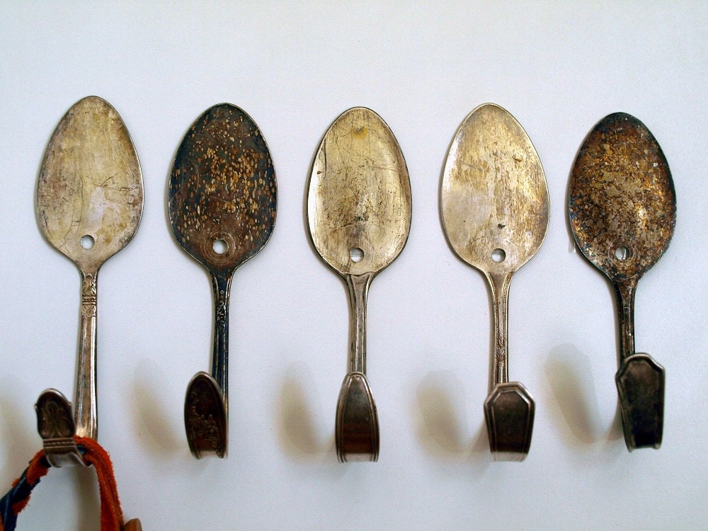 Set of 5 Spoon Wall Hooks, Vintage Silverplate