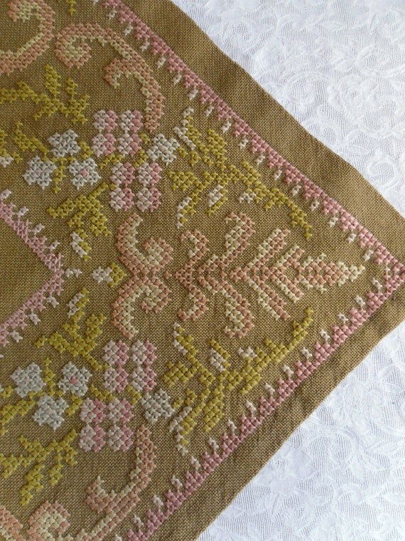 Primitive Tablecloth. Wool Cross Stitch. Brown. by ZekesTree