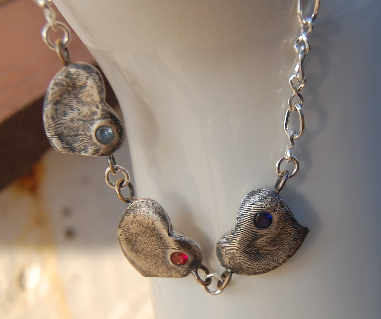 Your Own Custom Fingerprint Bracelet - THREE Hearts with Birthstones