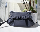 Detachable Wristlet Organic Cotton in navy  with ruffle - Handmade purse/ wristlet
