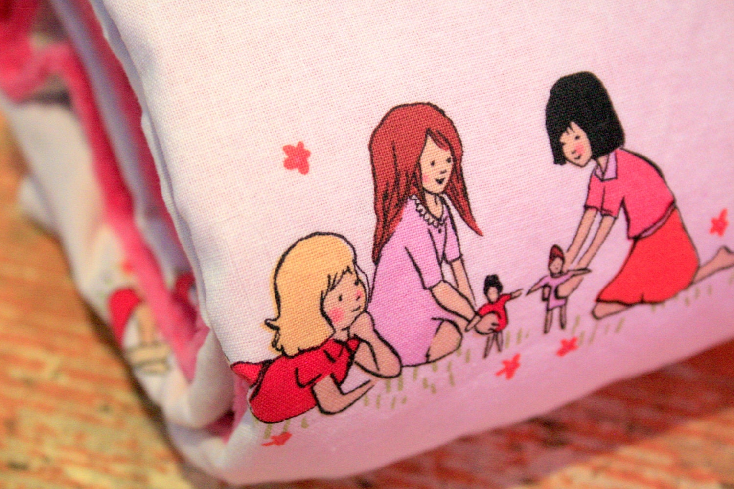 Girl Baby Blanket - Dolls in Cream with Fuchsia Pink Minky - Personalization Options Available