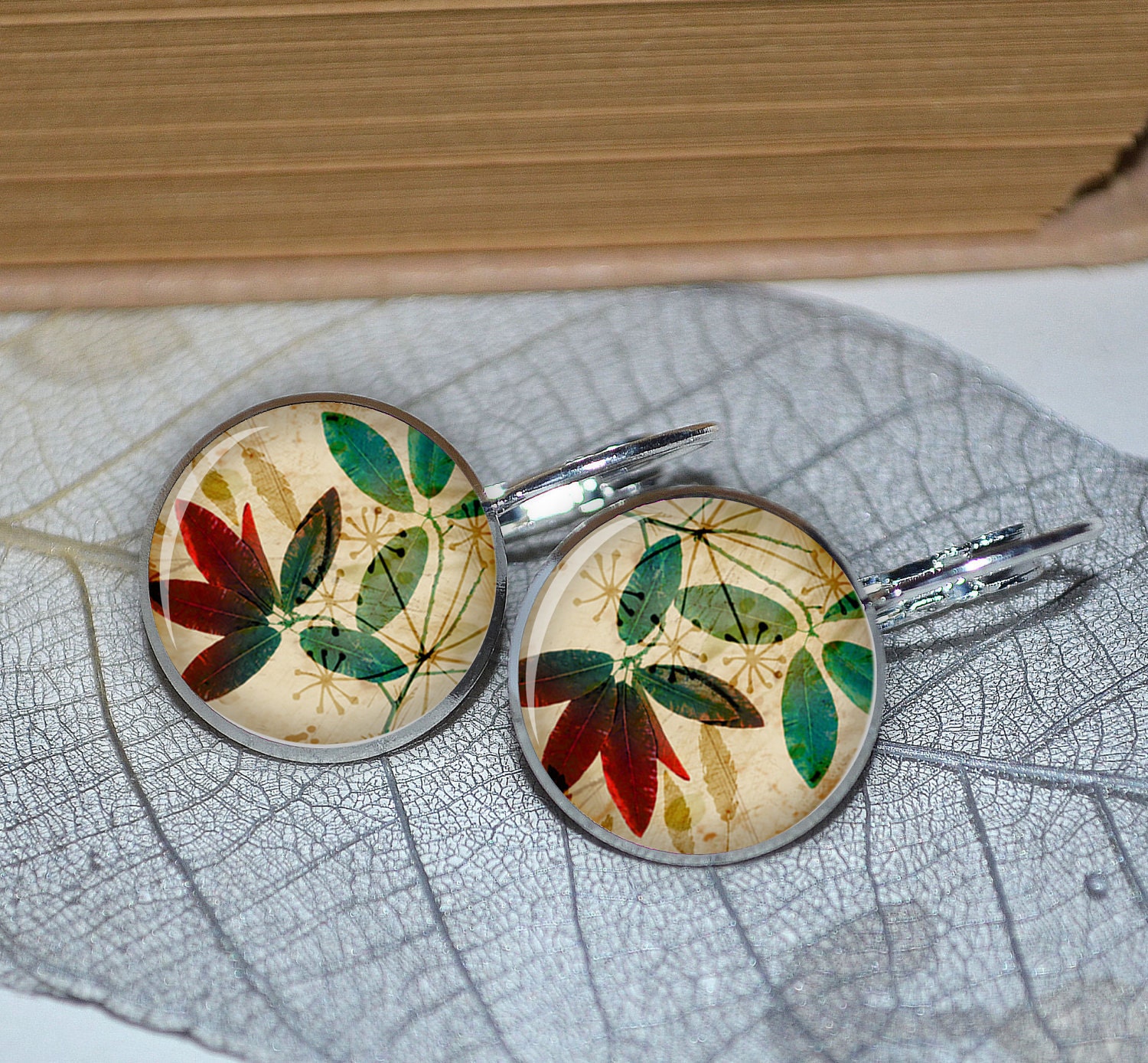 Leaf Earrings Autumn Leaf Earrings Resin Earrings Resin Picture Earrings Leverback Earrings C191S