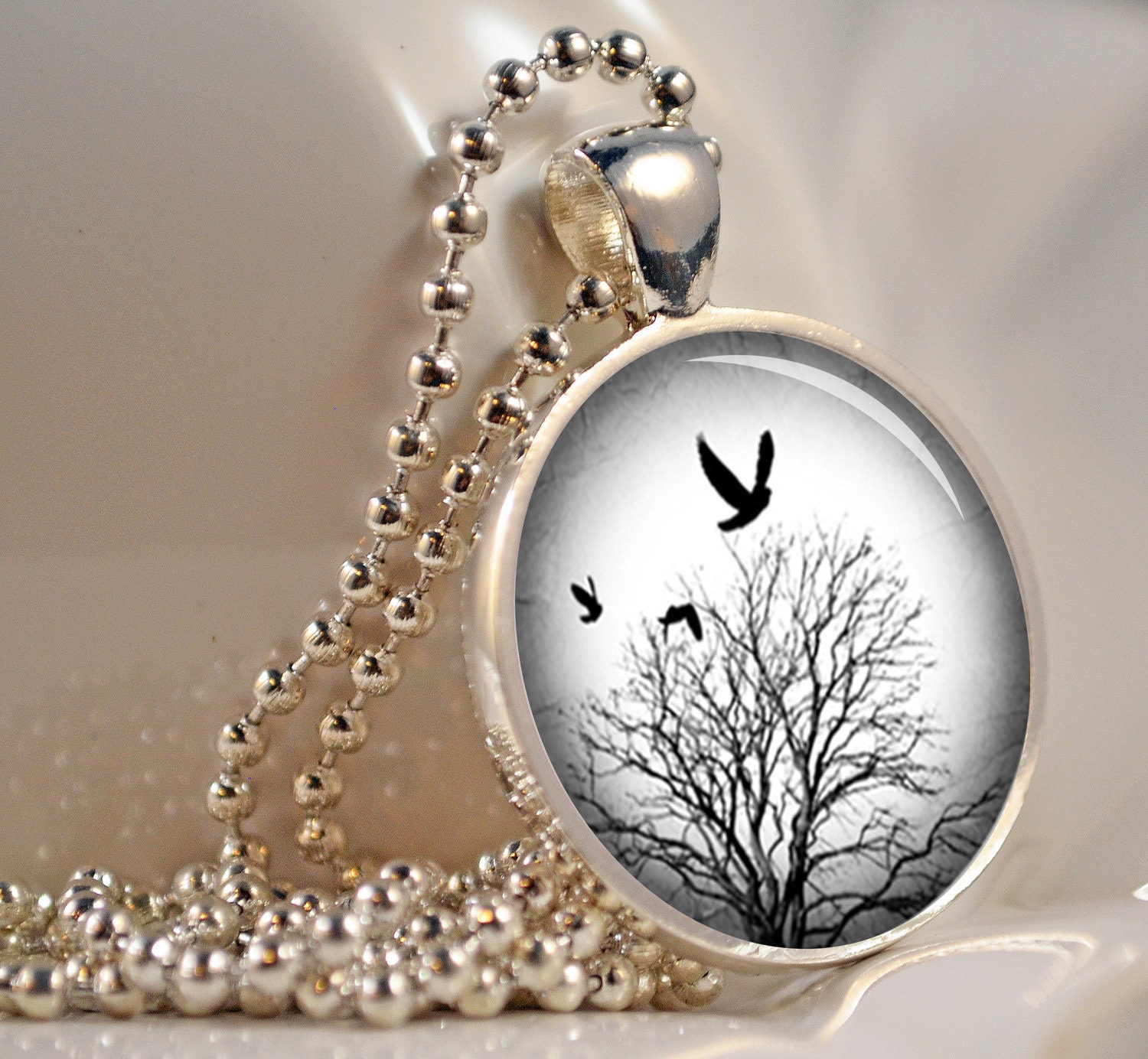 Grey Skies Tree Pendant - Resin Pendant Picture Pendant Resin Jewelry Bird Pendant C166S