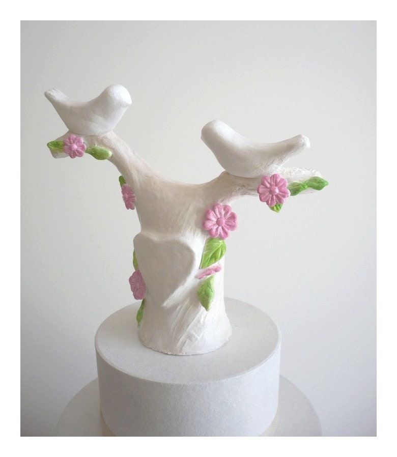 Ready to Ship - Wedding Cake Topper Love Birds on a Tree - Handmade by oenopia