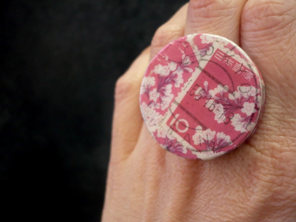 Cherry  Blossom Asian - Adjustable Ring - Collage vintage postage stamps - Ready to Ship - OOAK