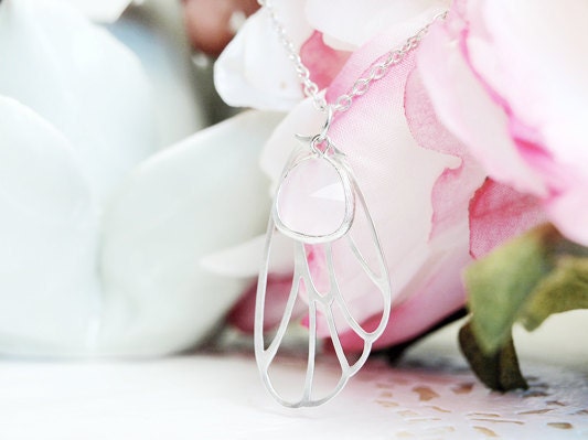 Butterfly Wing Silhouette Silver Necklace - Frosted Pink Framed Stone