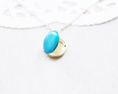 Teal Blue Enamel Locket - 16k Gold Plated Necklace - Small
