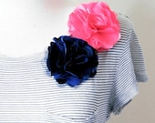 Navy Blue Silk Flower - Shoulder Brooch - Small Pin
