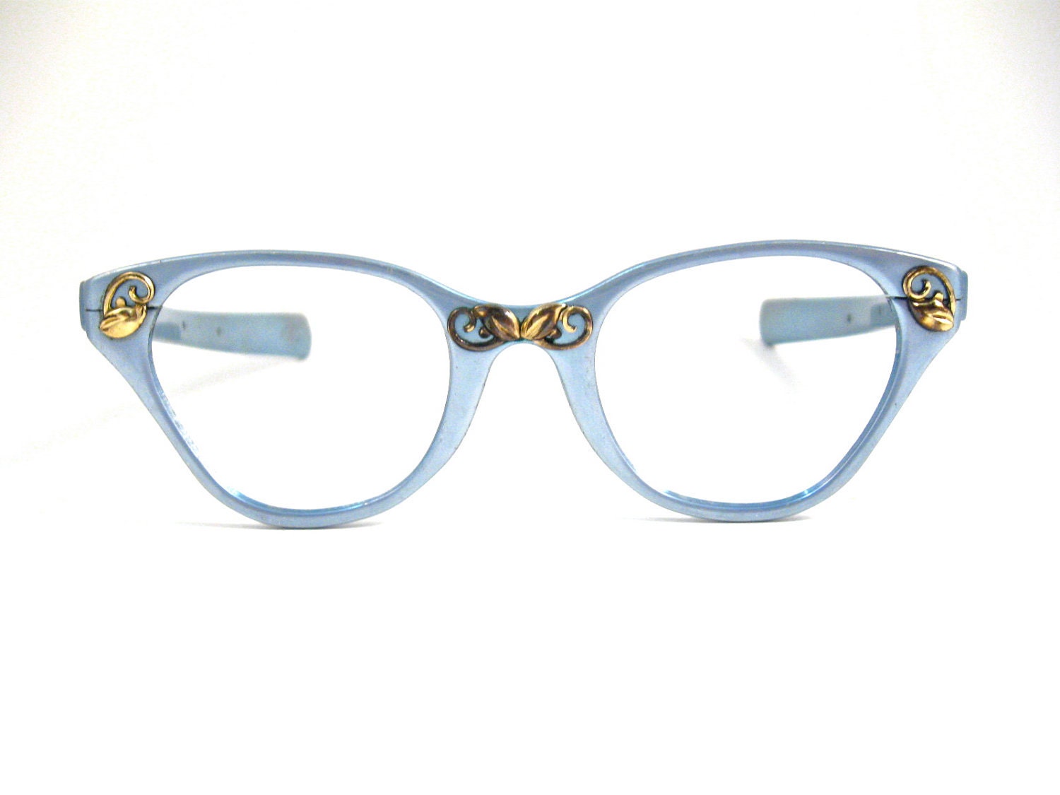 TURA sky blue cat eye glasses. gold embellishments. ornate. 1950s retro eyewear. aluminum and gold. no lenses. (VFAC)
