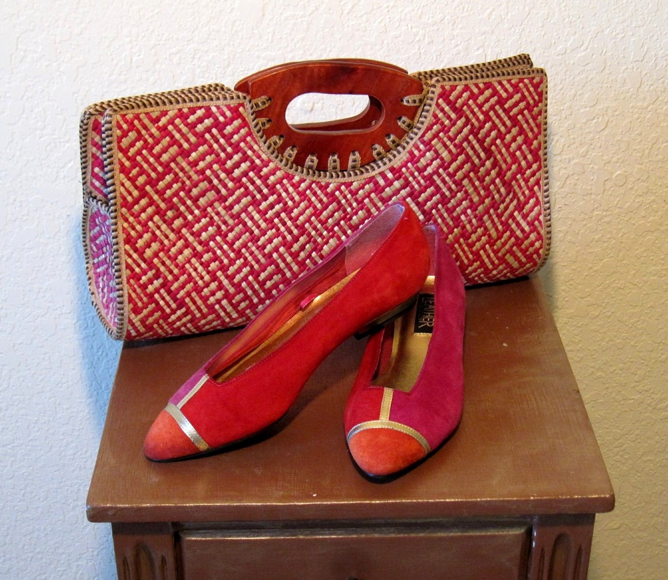 Vintage 80s Color Block Suede Ballet Flats. Red Fuchsia Pink Orange and Gold. Size 9.