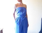Vintage 80s Silk Romper Jumpsuit. Sky Blue. Strapless. Size S.