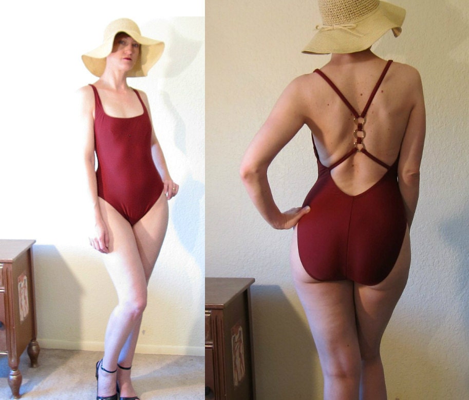 Vintage 80s Anne Cole Swimwear. Swimsuit. Bathing Suit. Wine Red. Brass Circle Back. Size S to M.