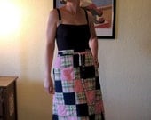 Vintage 70s Wrap Around Patchwork Madras Skirt.  Color Block. Pink and Navy Blue. Size S to M.
