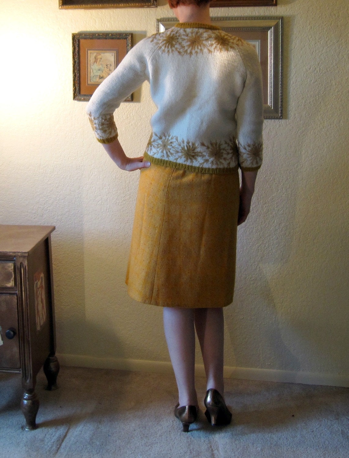 Vintage 60s Cardigan Sweater Embroidered Harvest Gold Autumn Flowers