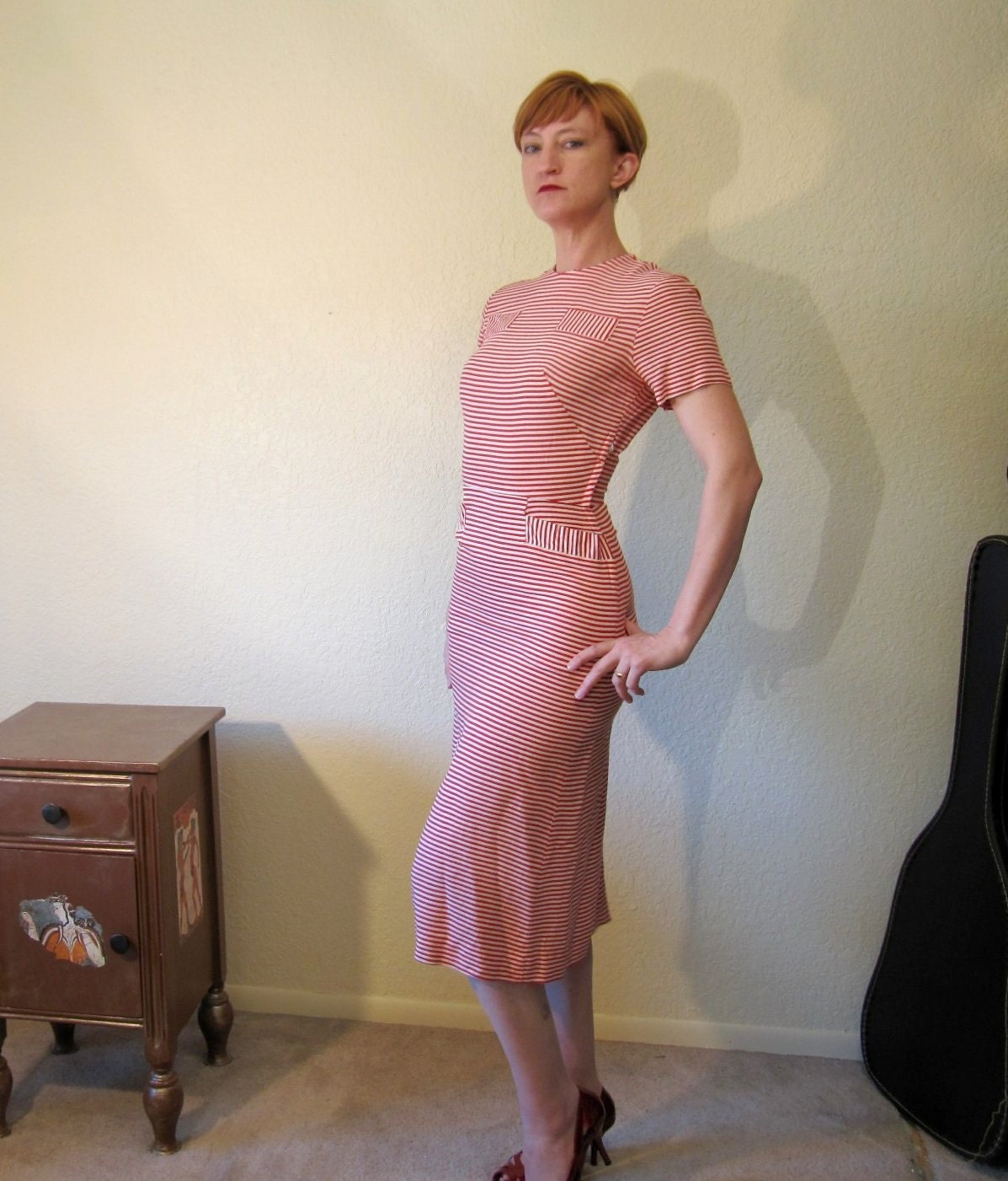 Vintage 50s Wiggle Dress. Nautical Sailor. Red and White Stripes. Hip Pockets. Size S.