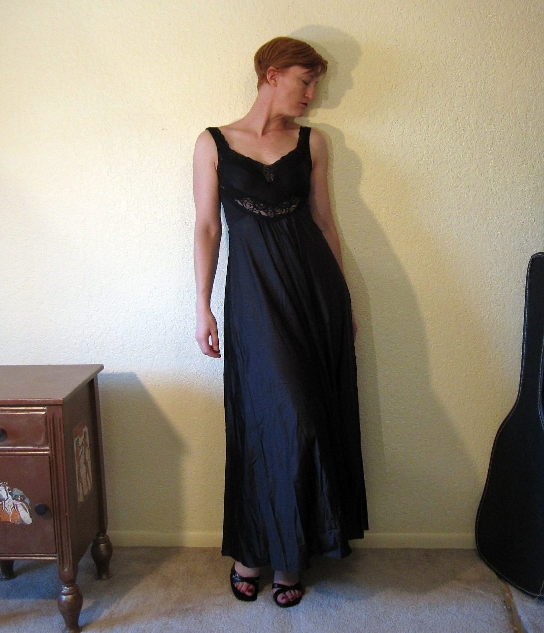 Vintage 80s Black Goddess Night Gown Negligee with Deep V and Lace Cut Outs