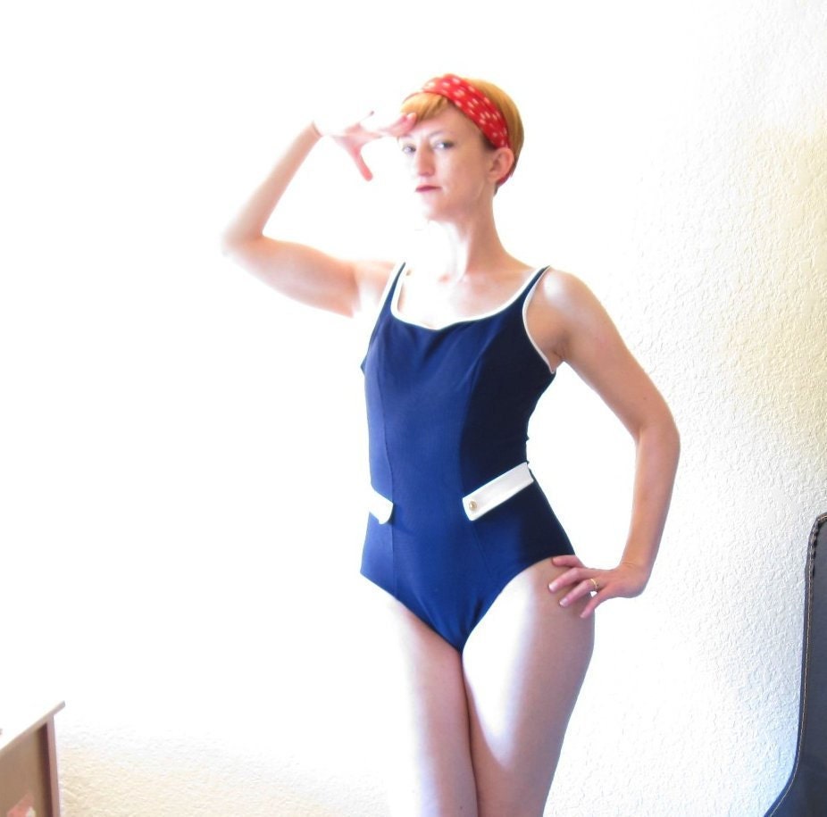 Nautical Navy & White Swimwear Swimsuit. Bathing Suit. Gold Buttons. Size M.