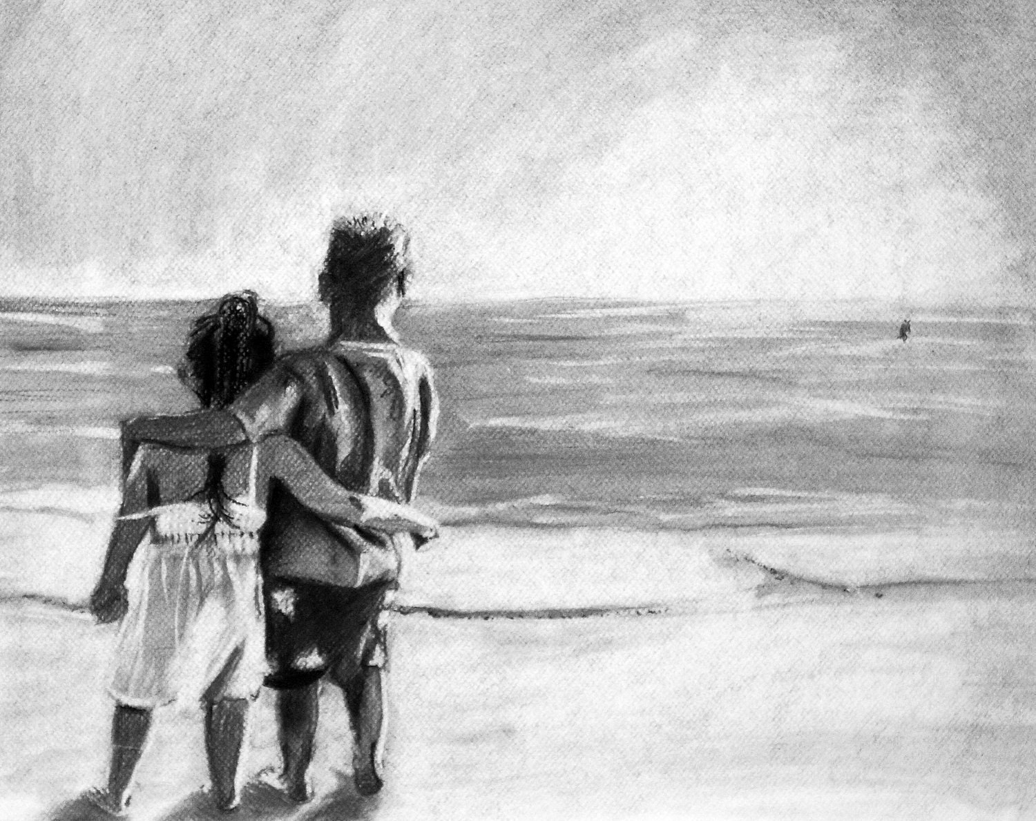 Friends Forever Original Pastel Drawing Reproduction 11x14 Print Kids on the Beach Black and White Impressionism