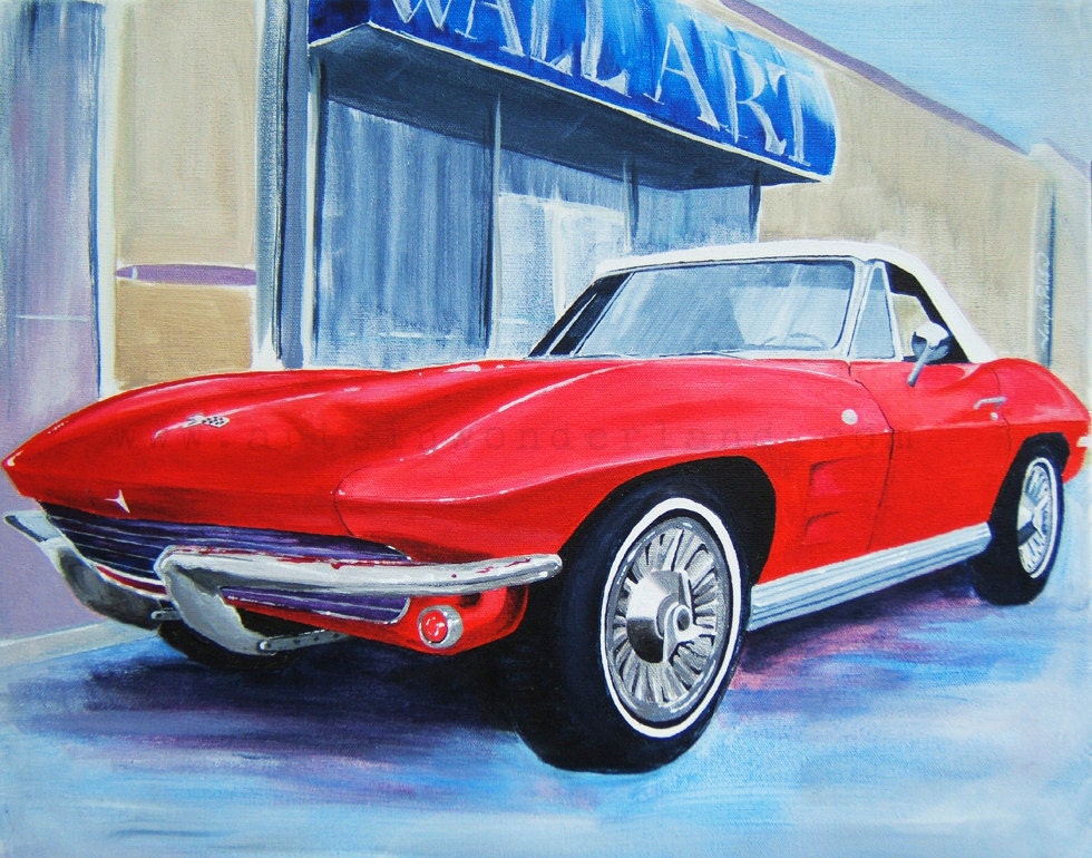 Red Beauty 1964 Convertible Corvette White Top RED Vintage Painting 11x14 Print