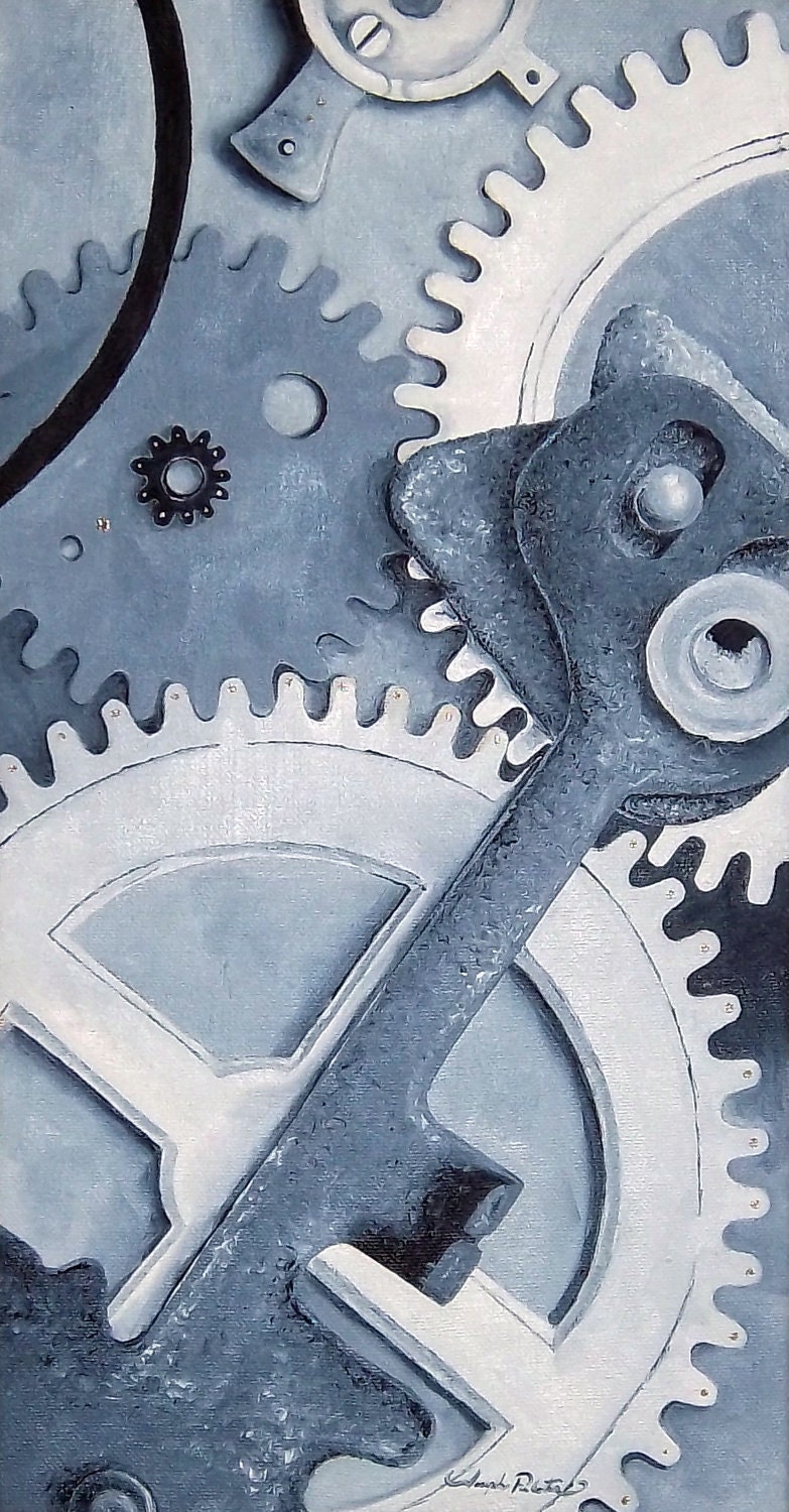 Time For Us Steampunk Original Oil Painting 12x24 Vertical Clock Gears Parts Ready to Hang