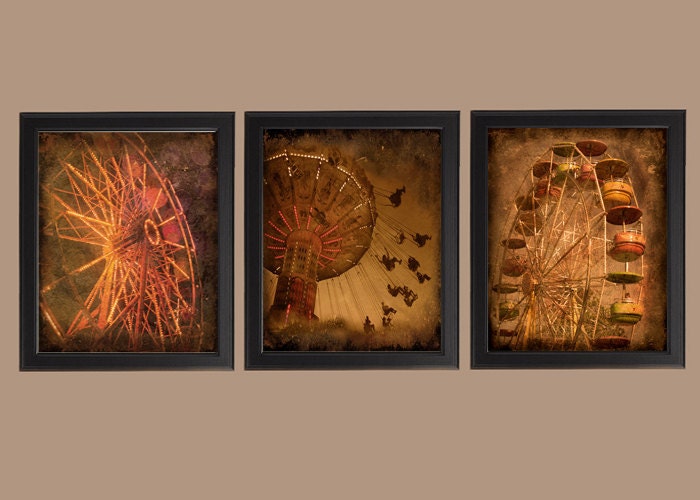 Set of 3 Carnival Prints - 11x14 Original Photographs - Vintage Antique Style Nostalgic Sepia State Fair Amusement Rides Instant Decor
