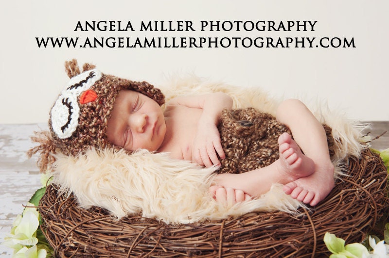 Newborn Baby Boy Sleepy Owl Hat and Diaper Cover Photo Prop Set - Walnut Brown