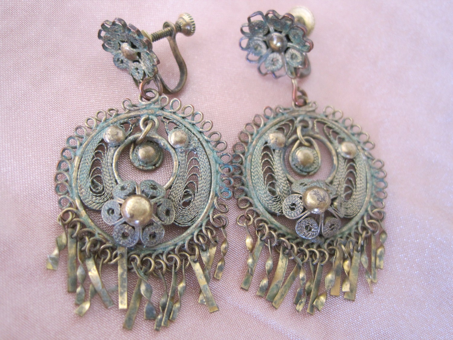 Vintage Art Nouveau Brass Filigree Dangling Earrings
