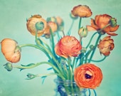Ranunculus Photograph - Flower Photography -  Orange, Aqua, Green, Tangerine - Home Decor  - Fine Art Photograph, 8x12- "Love & Happiness"