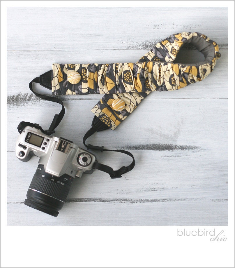 ruched camera strap cover - golden flowers