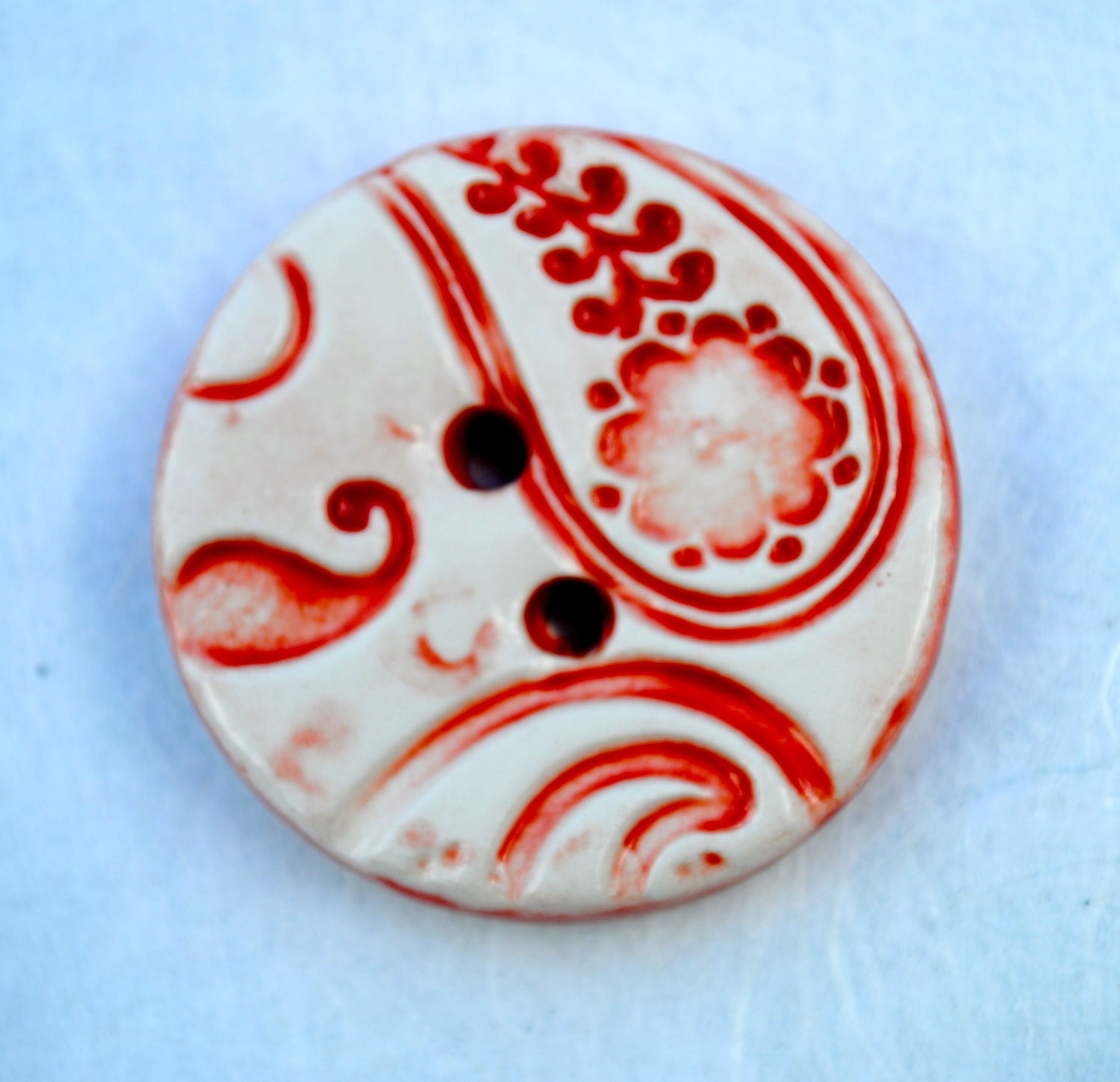 Red Ceramic Buttons Pair of Round Paisley leaves and flowers in Red and White