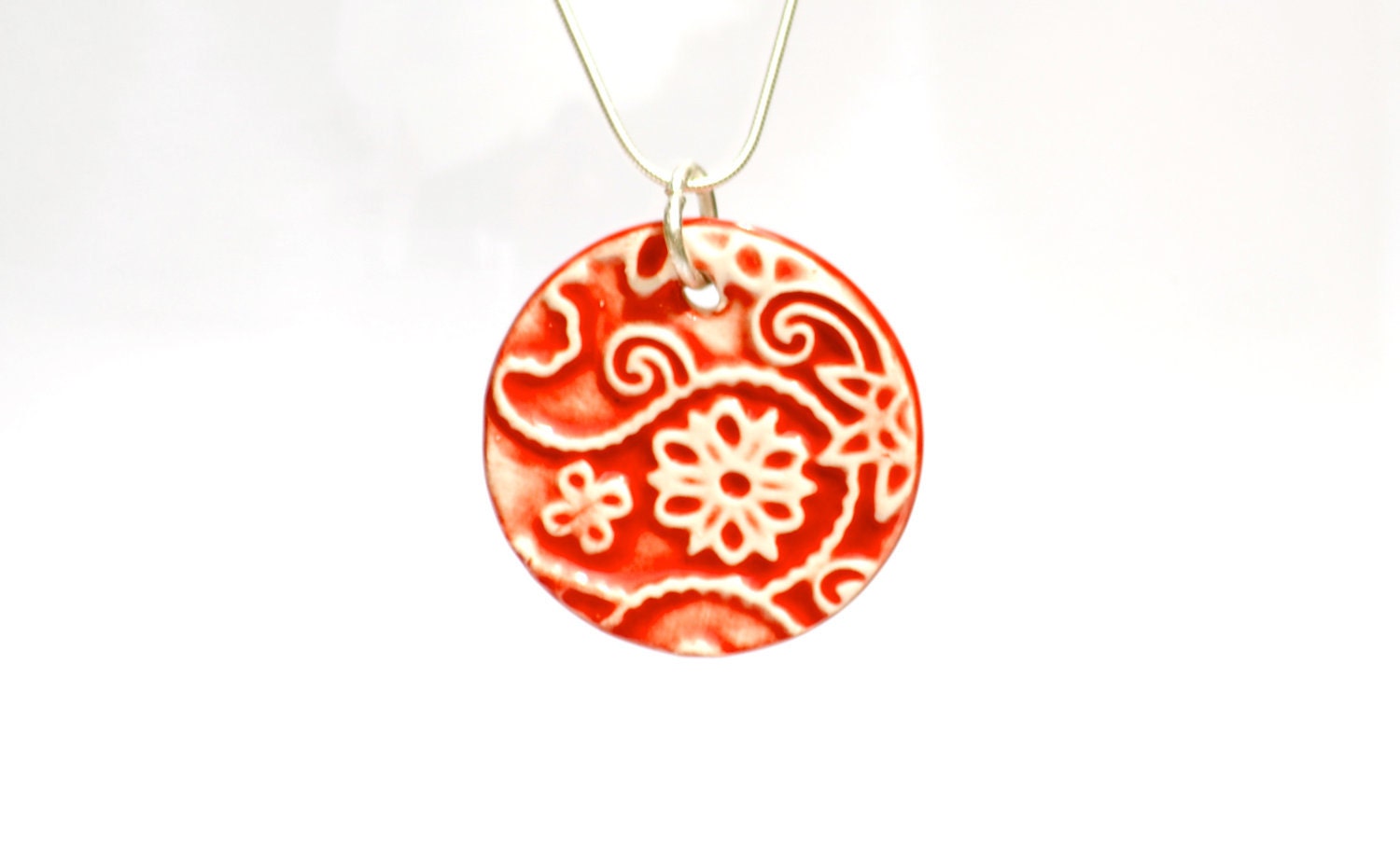 Red Flowers Necklace Paisley ceramic pendant Sterling silver chain Surf