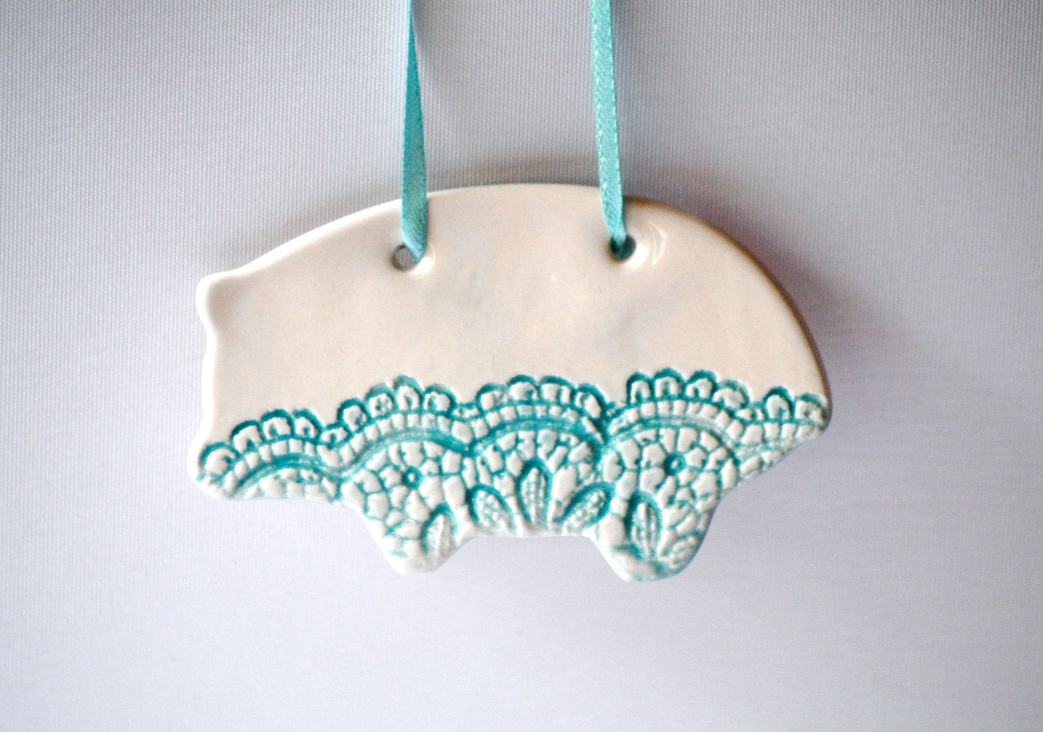 Ceramic Pig Ornament Hanging pig sign turquoise lace piggy