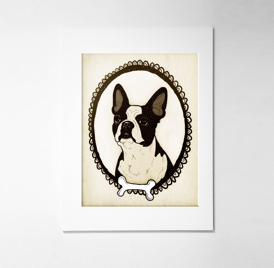 Boston Terrier Personalized Pet Portrait 5x7 art print, custom pet portrait, dog illustration, pet lover, dog lover,