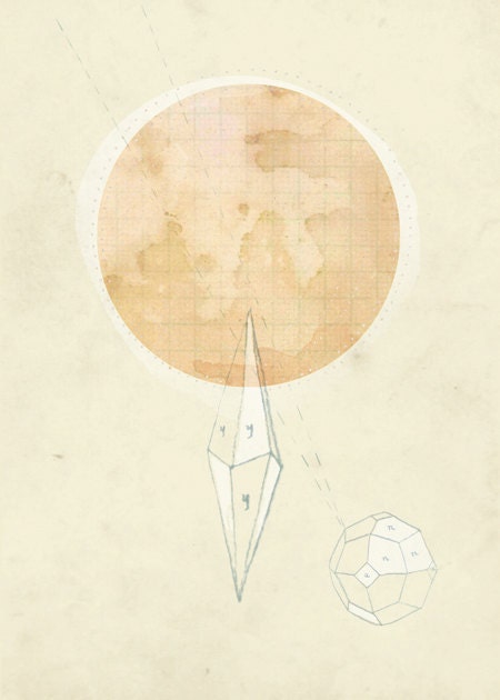Moon Rocks, art print 8x10, mixed media illustrated art, minerals, home decor, peach, pastel, drawing, pink moon, geometric