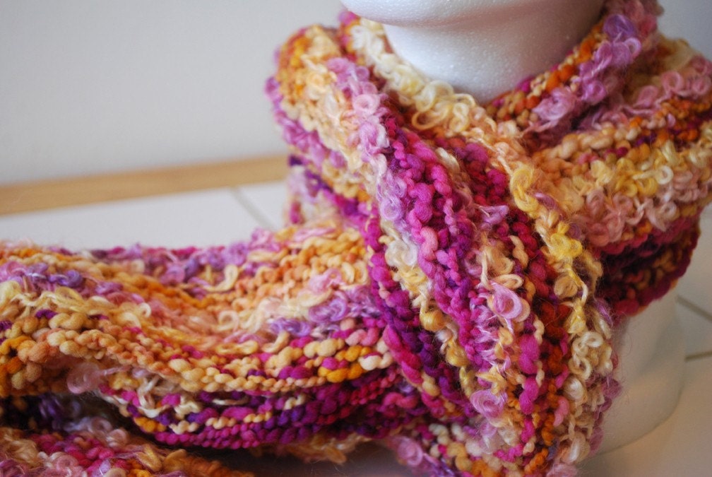Luxurious pink, purple, magenta, purple and yellow curly wool soft scarf